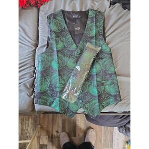 Hi-Tie Men's Emerald Green Paisley Silk Vest Set with Matching Necktie